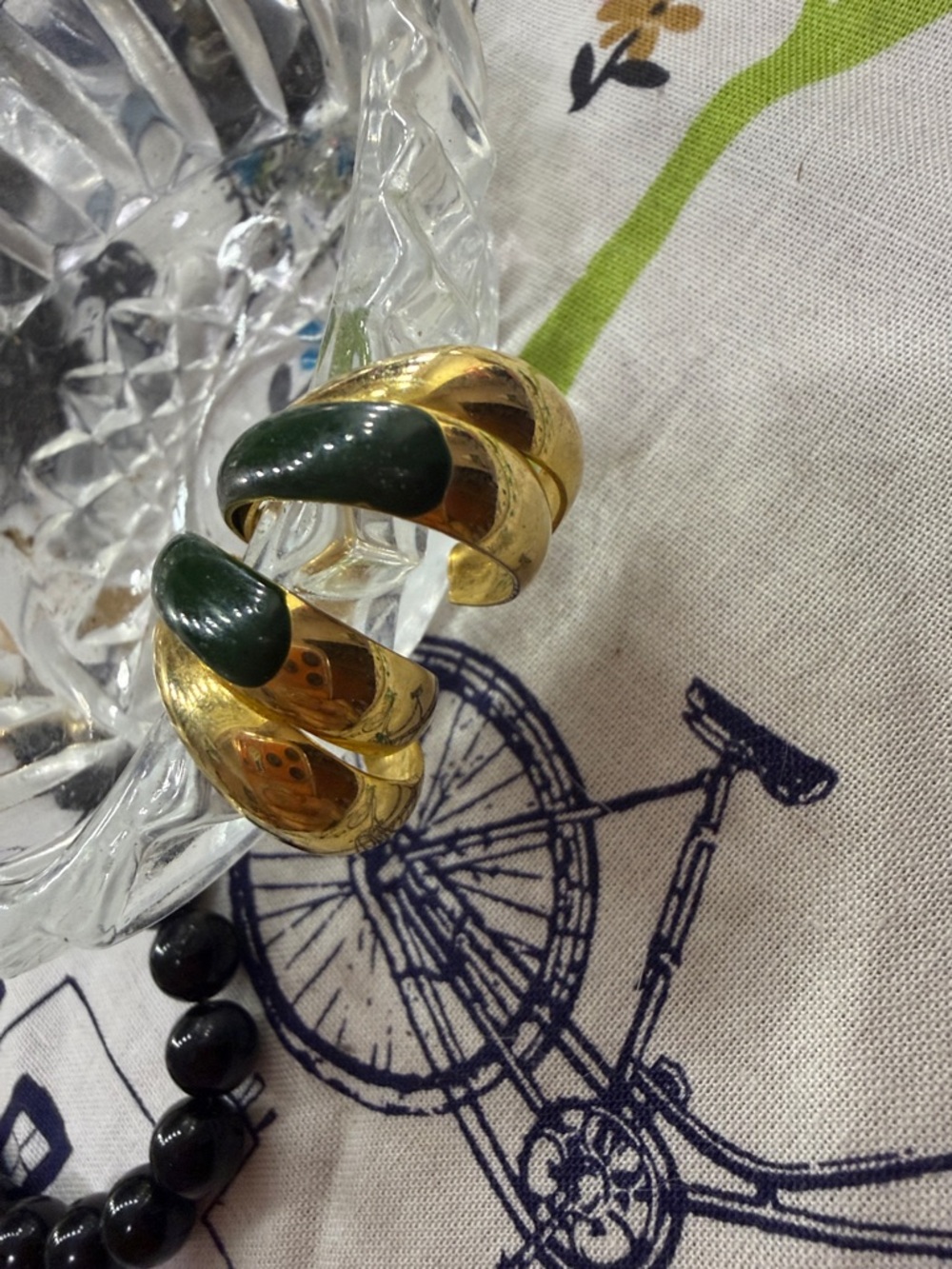 Gold Tone Clip-On Earrings with Dark Green Enamel Tips